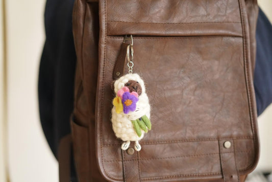 White & Cream Wool Felted Sheep Keyring